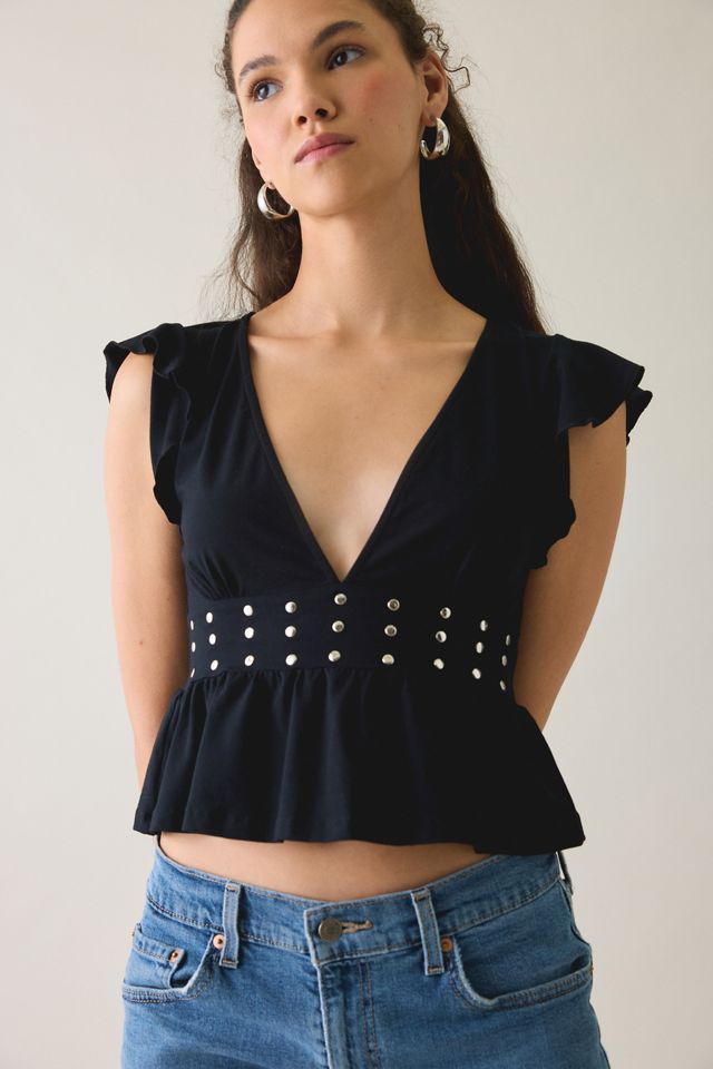 Motel Leisma Plunging Studded Frill Peplum Top #2