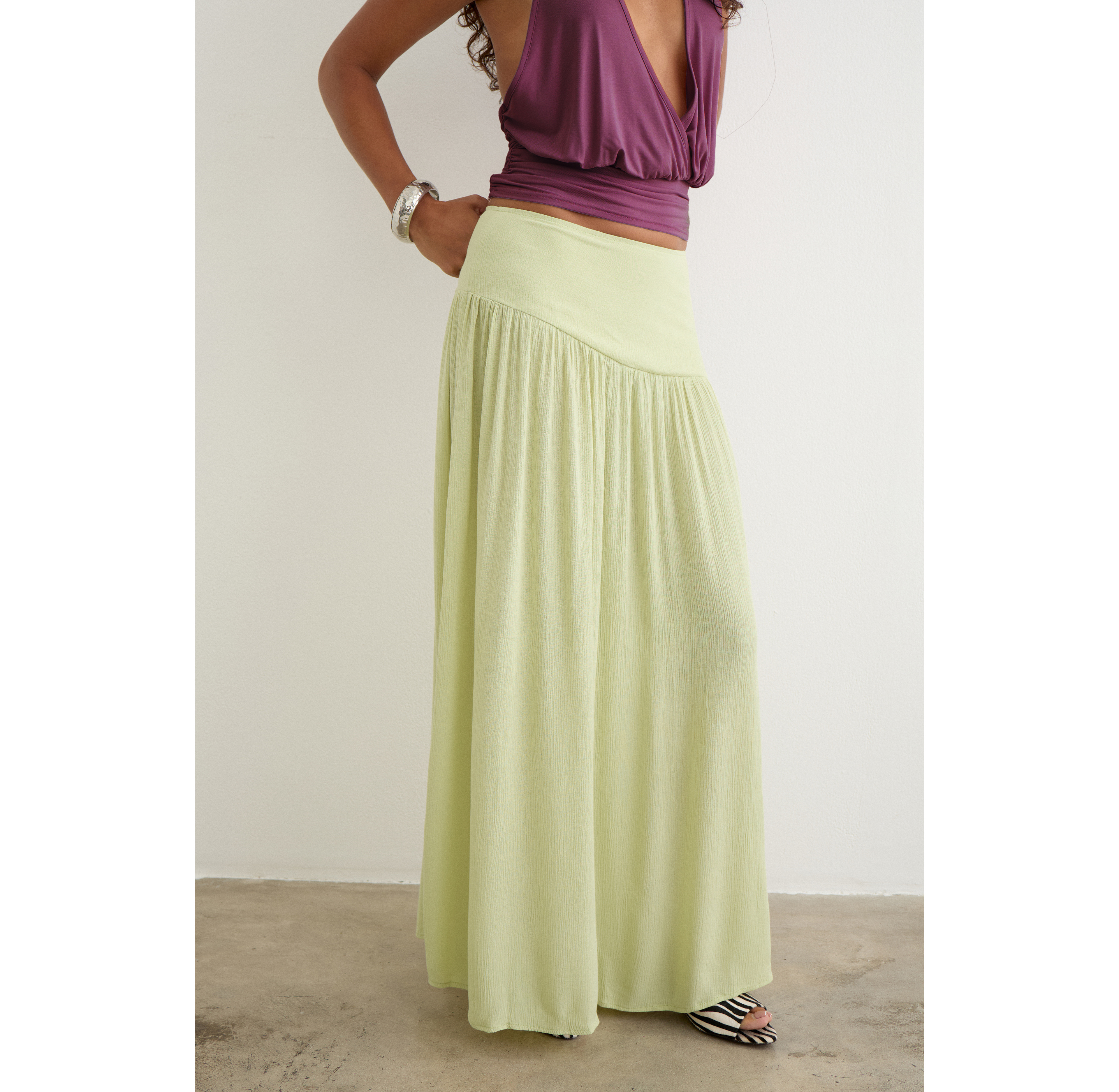 Motel Fang Semi-Sheer Asymmetric Drop Waist Maxi Skirt