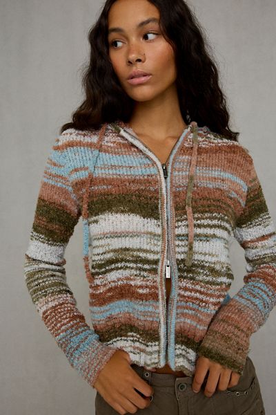 Daisy Street Cinnamon Striped Zip-Up Hoodie Sweater
