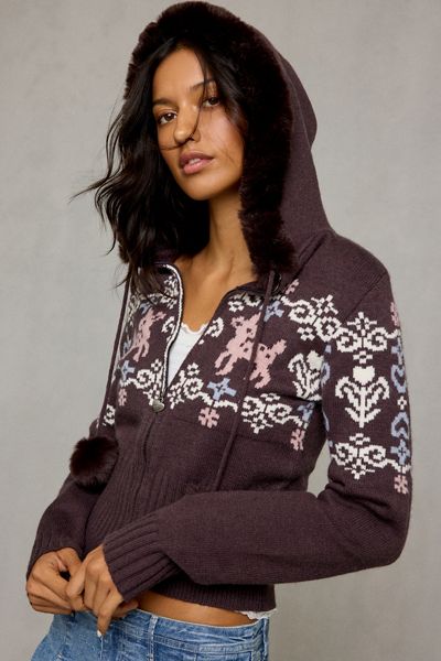Daisy Street Eclair Fair Isle Knit Full-Zip Hooded Sweater
