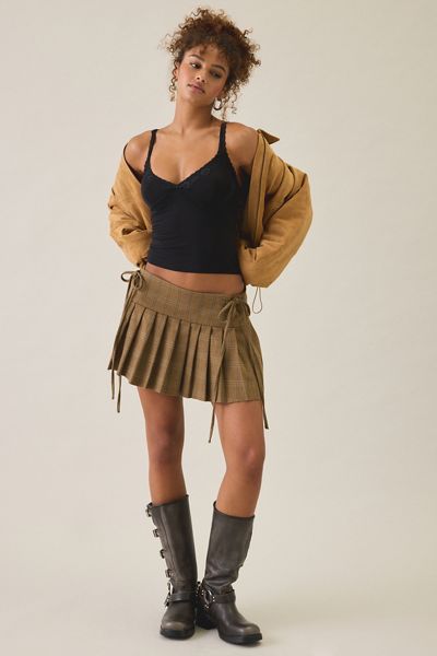 Glamorous Side-Tie Pleated Plaid Mini Skirt