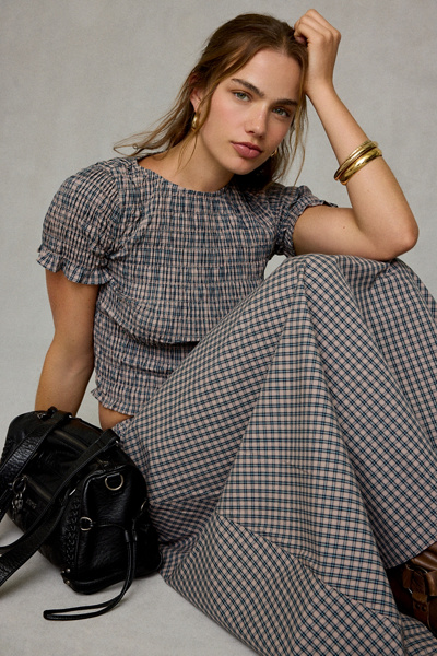 Glamorous Gingham Shirred Short Sleeve Top