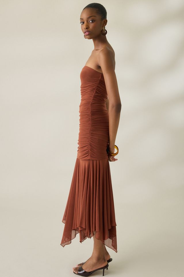 UO Massie Mesh Asymmetric Hanky Hem Strapless Midi Dress #2