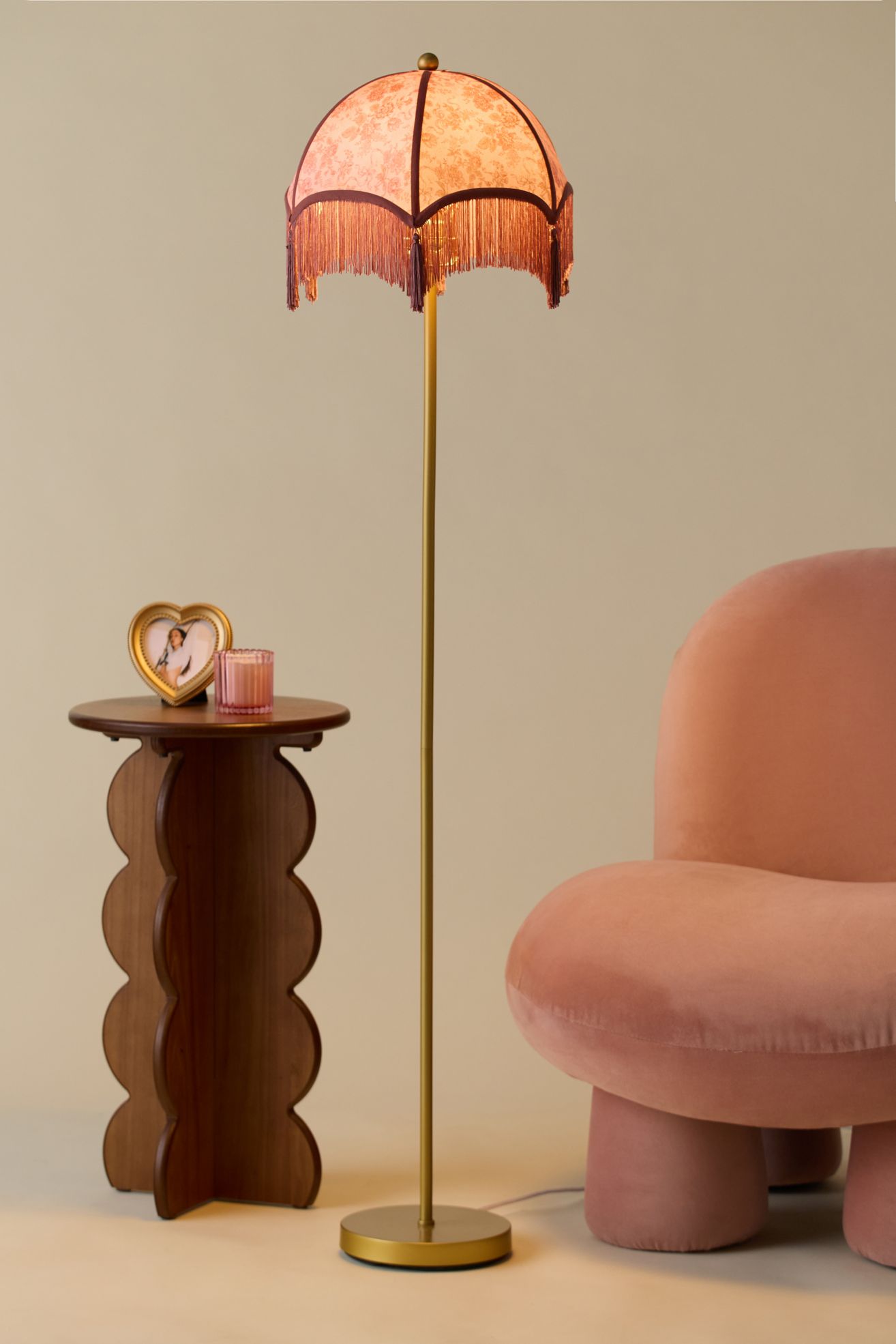 Modern Love Tassel-Fringed Floor Lamp - Soft Pink with Brass Base, ONE SIZE