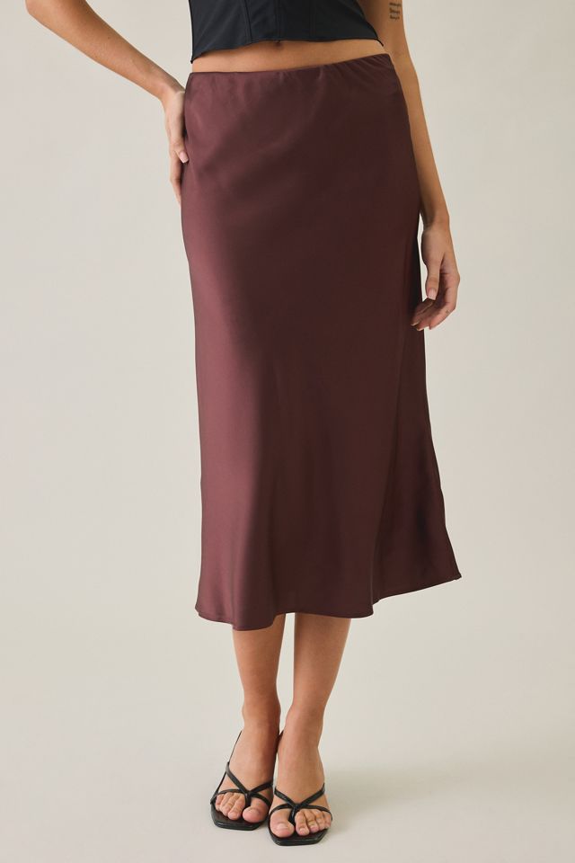 Glamorous Marvelous Maroon Low-Rise Bias Cut Satin Midi Skirt #1