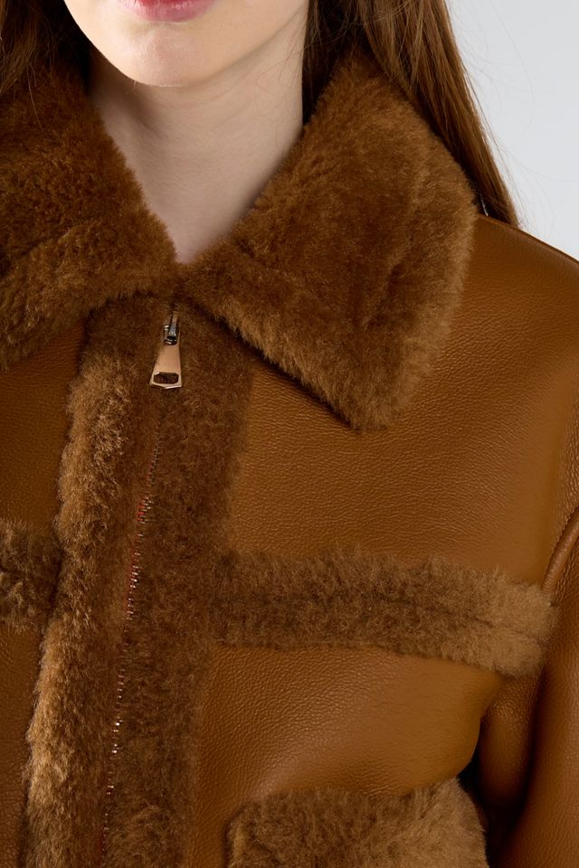 Glamorous Faux Fur Trim Cropped Faux Leather Jacket #1
