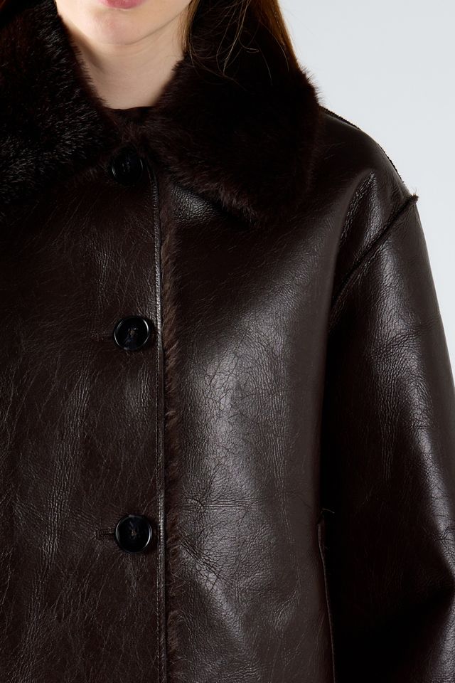 Glamorous Faux Fur Trim Button Front Faux Leather Jacket #1