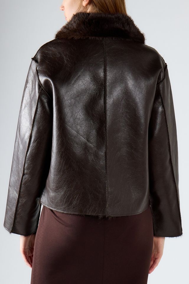 Glamorous Faux Fur Trim Button Front Faux Leather Jacket #2