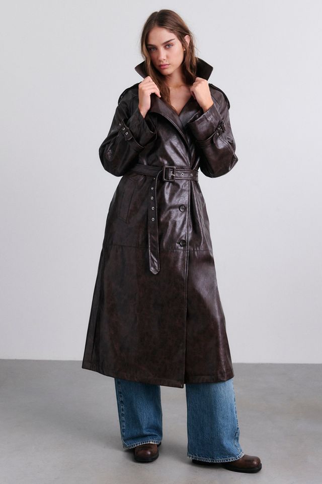 Glamorous Dark Chocolate Belted Faux Leather Trench Coat #2