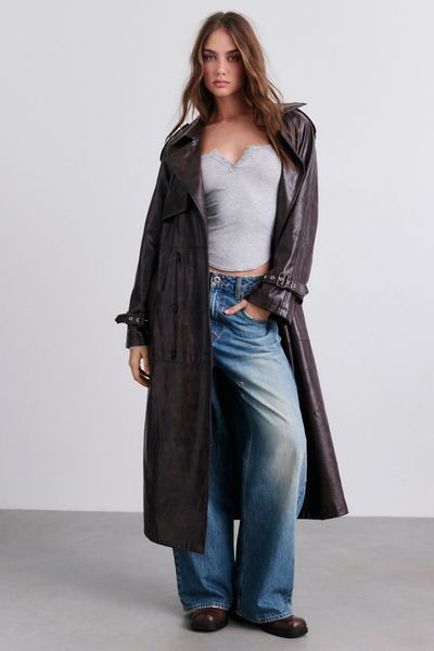 Glamorous Dark Chocolate Belted Faux Leather Trench Coat