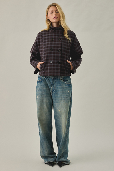 Daisy Street Toffee Check Double-Breasted Funnel Neck Coat