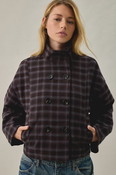 Daisy Street Toffee Check Double-Breasted Funnel Neck Coat