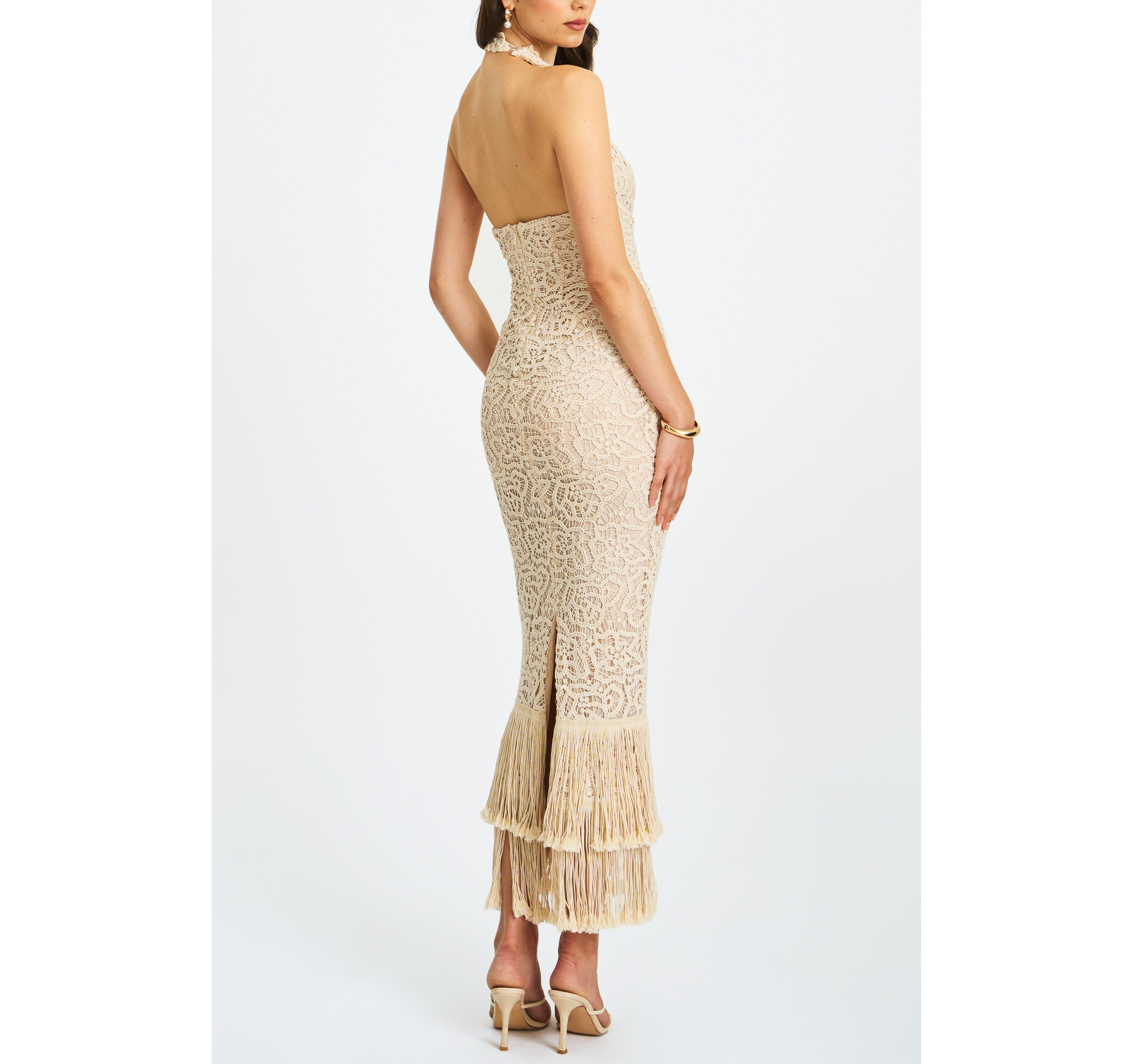 Miss Circle Faelyn Fringe Crochet Halter Maxi Dress