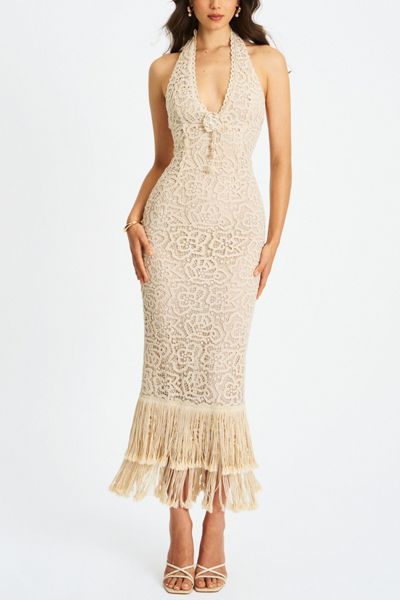 Miss Circle Idra Lace Trim Sleeveless Crochet Midi Trailing Dress