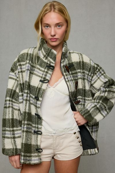 Daisy Street Ganache Girl Plaid Fleece Funnel Neck Jacket