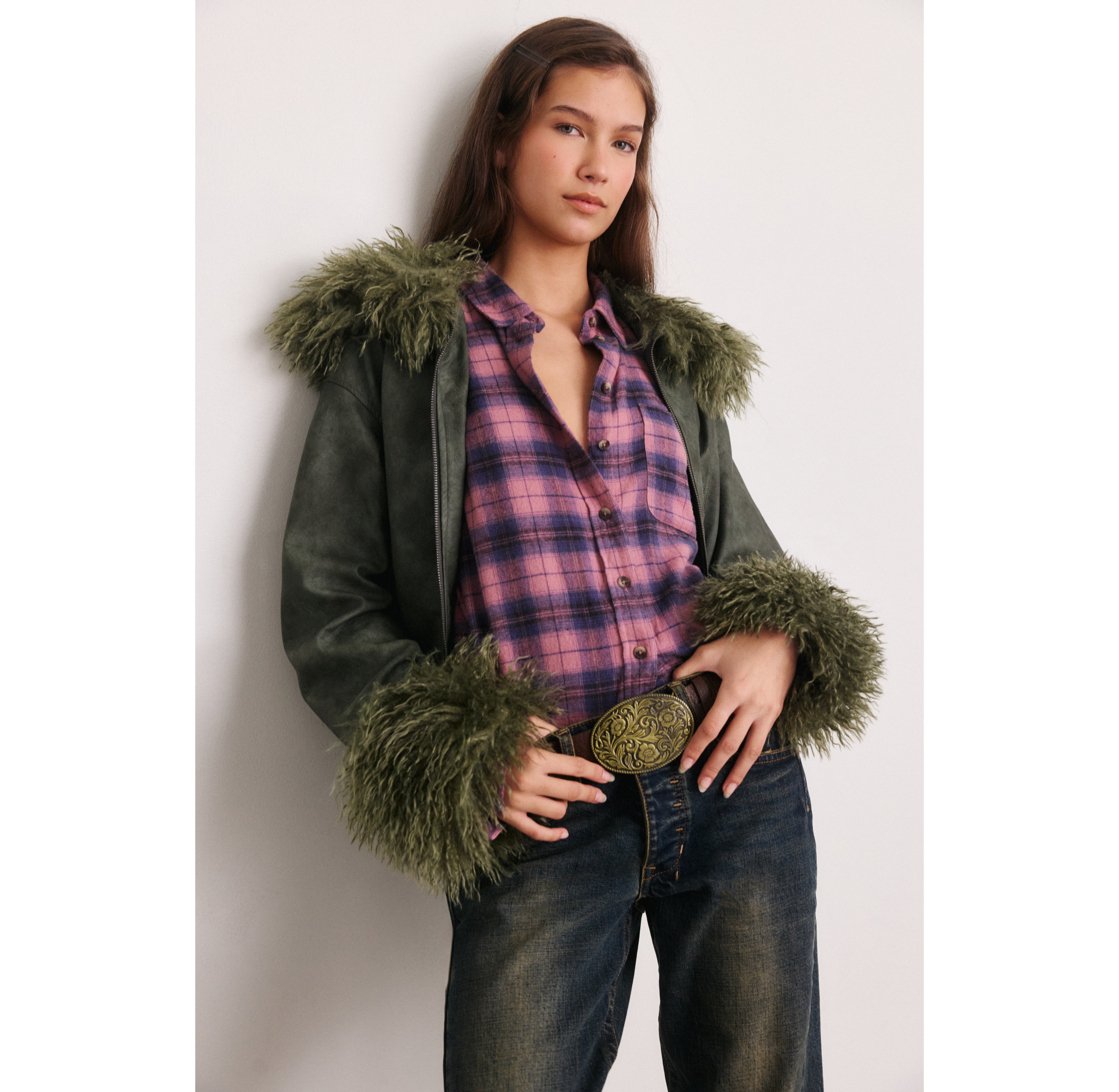 Daisy Street Frosted Faux Fur Trim Jacket