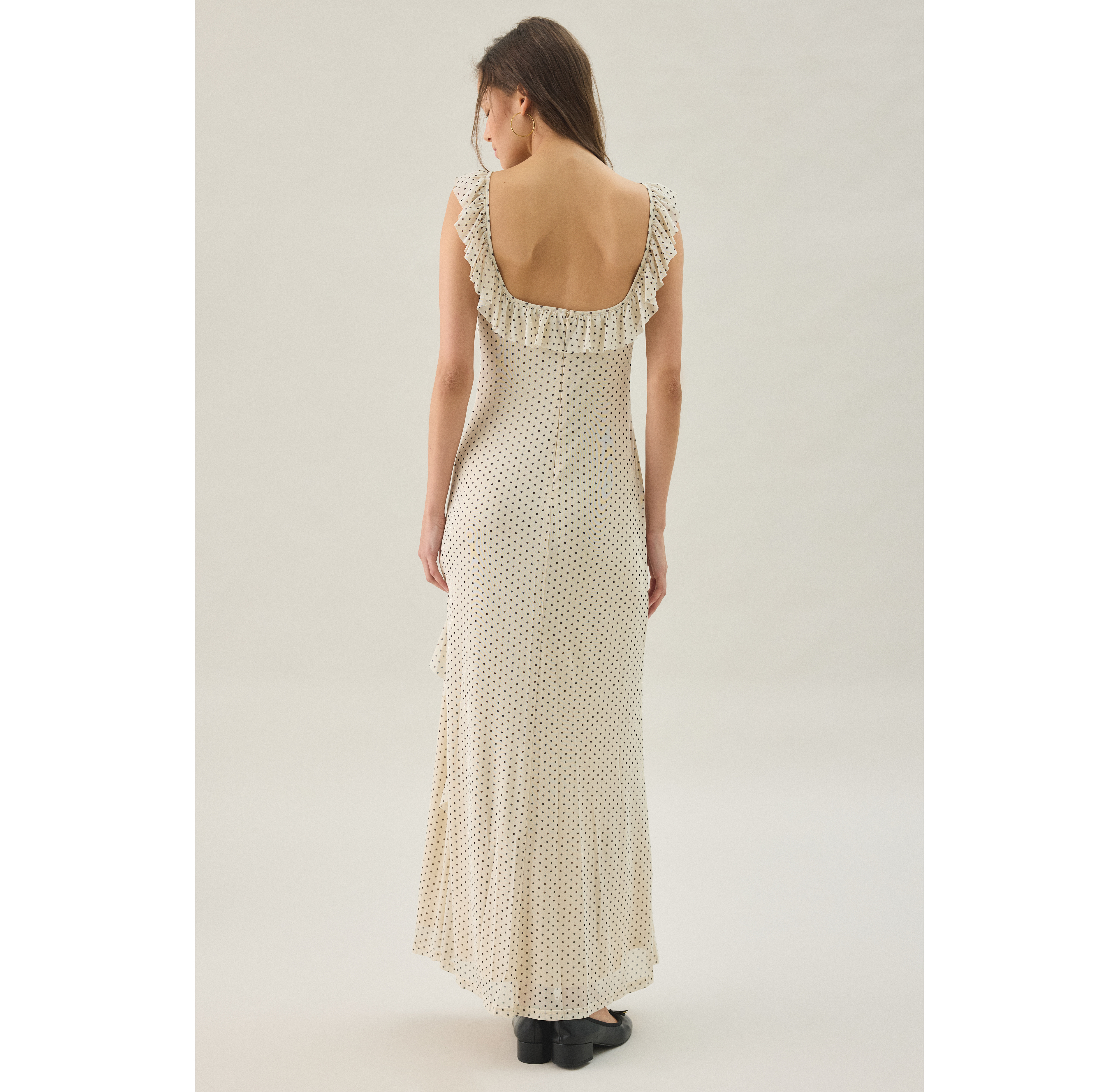 Another Girl Polka Dot Asymmetric Ruffle Maxi Dress