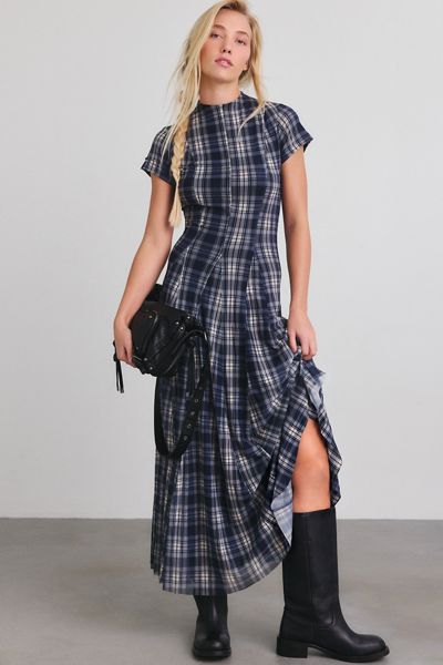 Another Girl Plaid Mesh Tie-Back Godet Maxi Dress