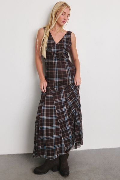Another Girl Plunging Plaid Mesh Drop Waist Maxi Dress