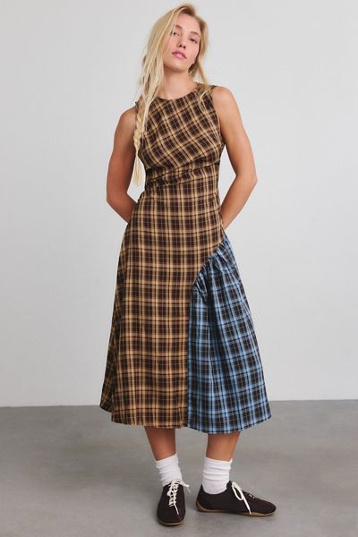 Another Girl Patchwork Plaid Sleeveless Midi Dress
