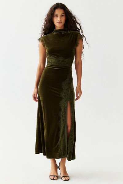 Another Girl Draped Mock Neck Lace Trim Velvet Maxi Dress