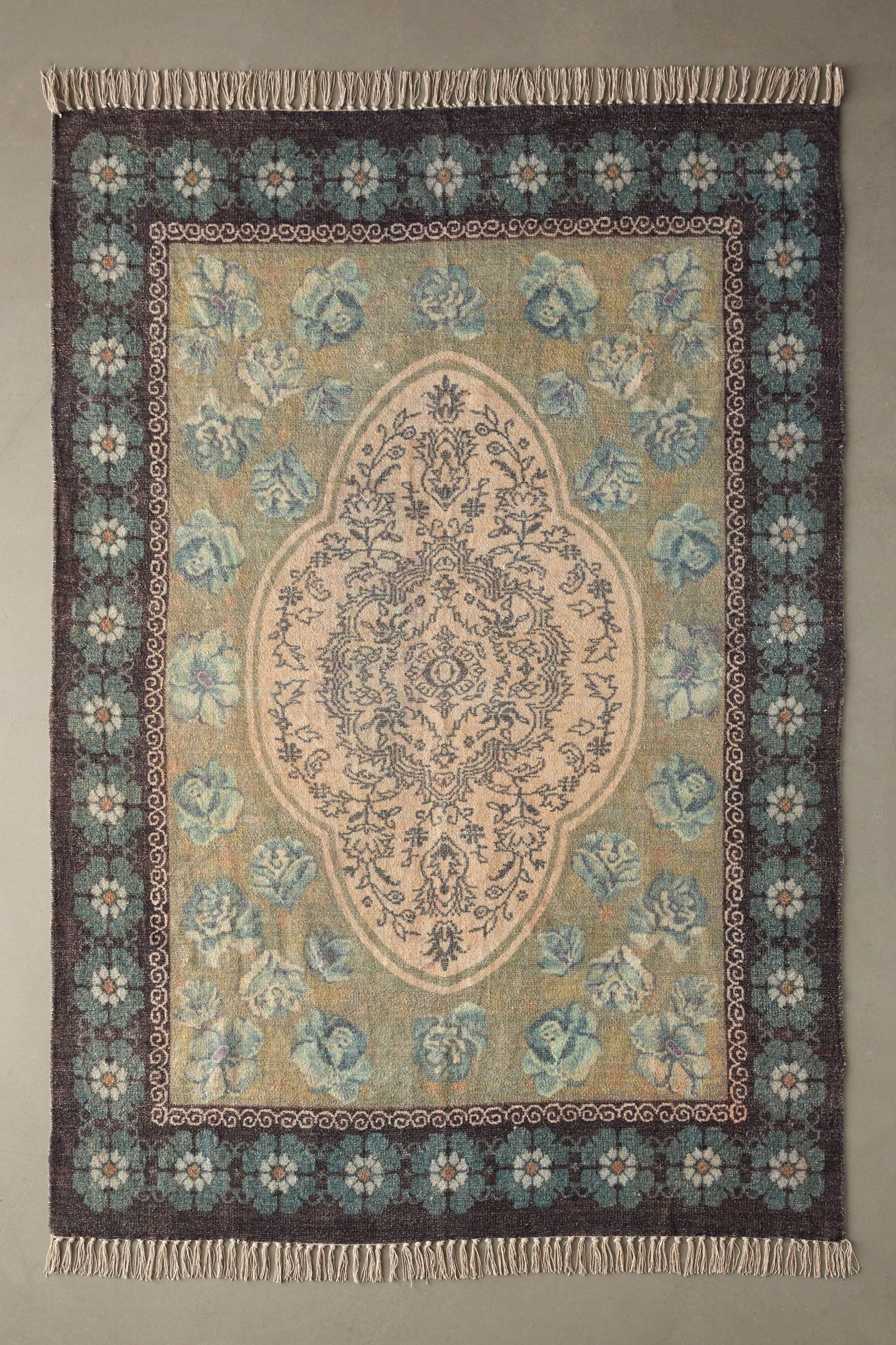 Minerva Floral Digital Printed Chenille Rug - Green Blue, 5X7