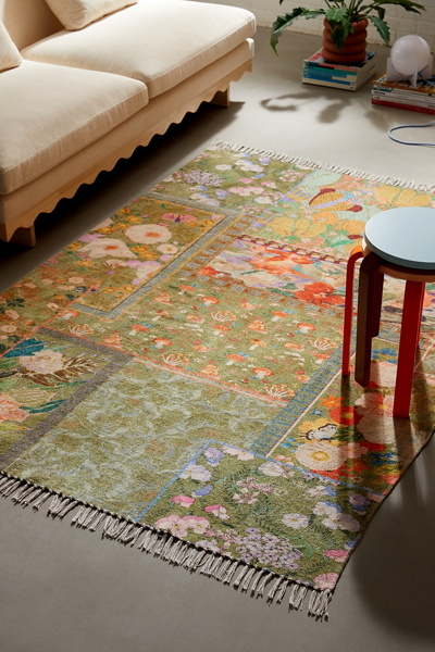 Colorful Floral Digital Printed Chenille Rug in Olive at Urban Outfitters