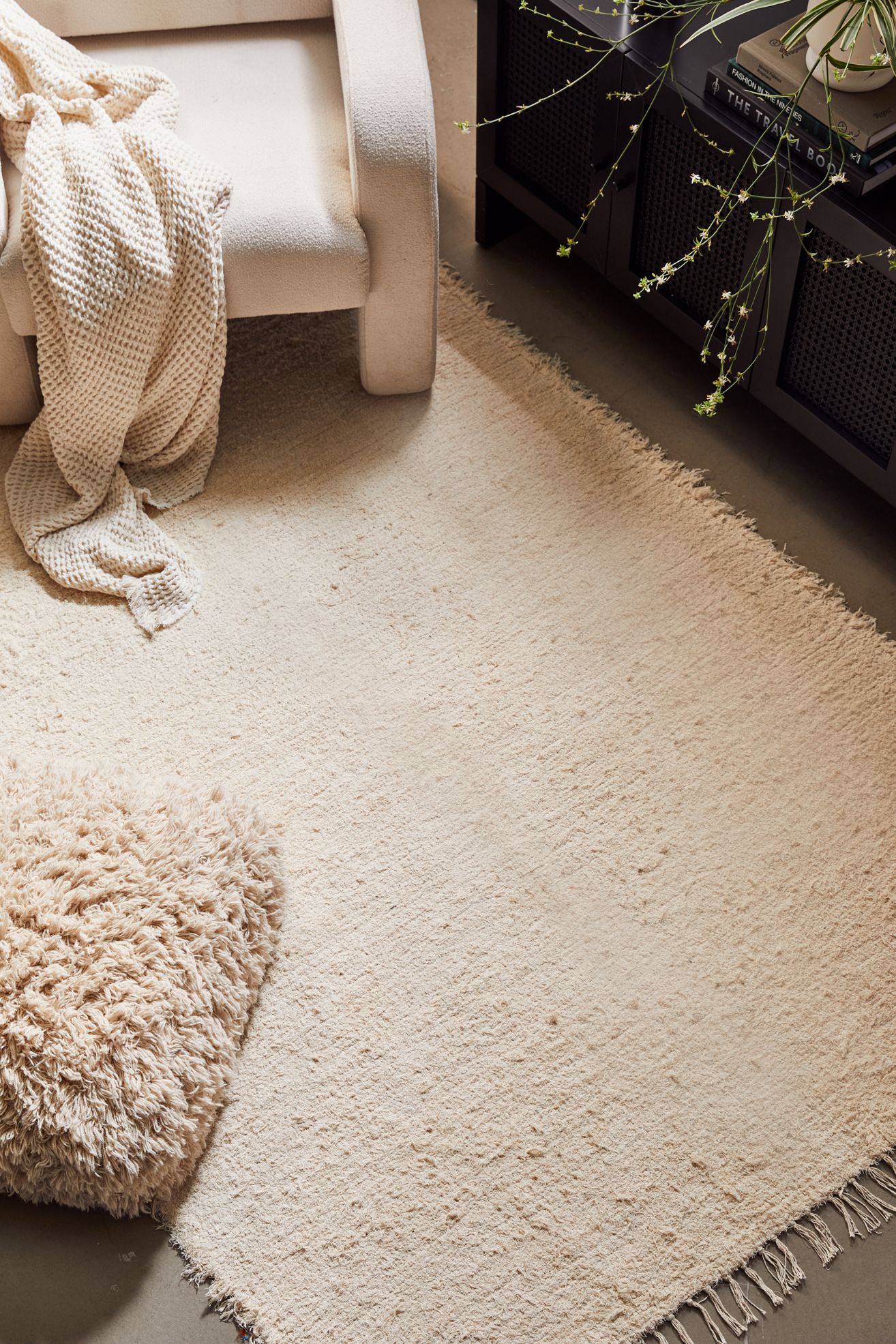 Solid Woven Shag Rag Rug - Cream, 2X8 RUNNER