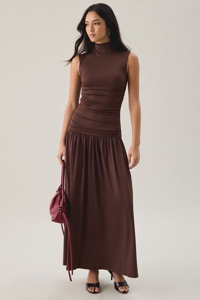 NIA Lark Ruched Drop Waist Sleeveless High Neck Maxi Dress