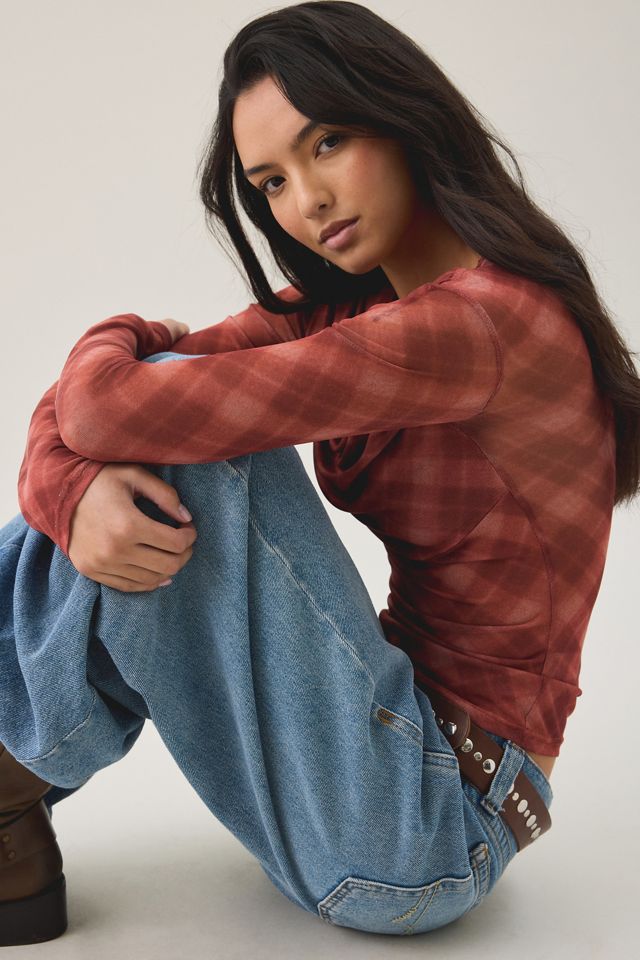 NIA Aria Semi-Sheer Mesh Boatneck Long Sleeve Top #3