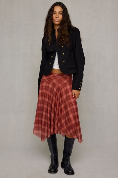 NIA Eme Asymmetric Hanky Hem Plaid Midi Skirt
