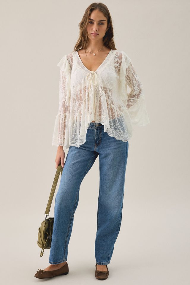 Another Girl Sheer Lace Bell Sleeve Tie-Front Blouse #3