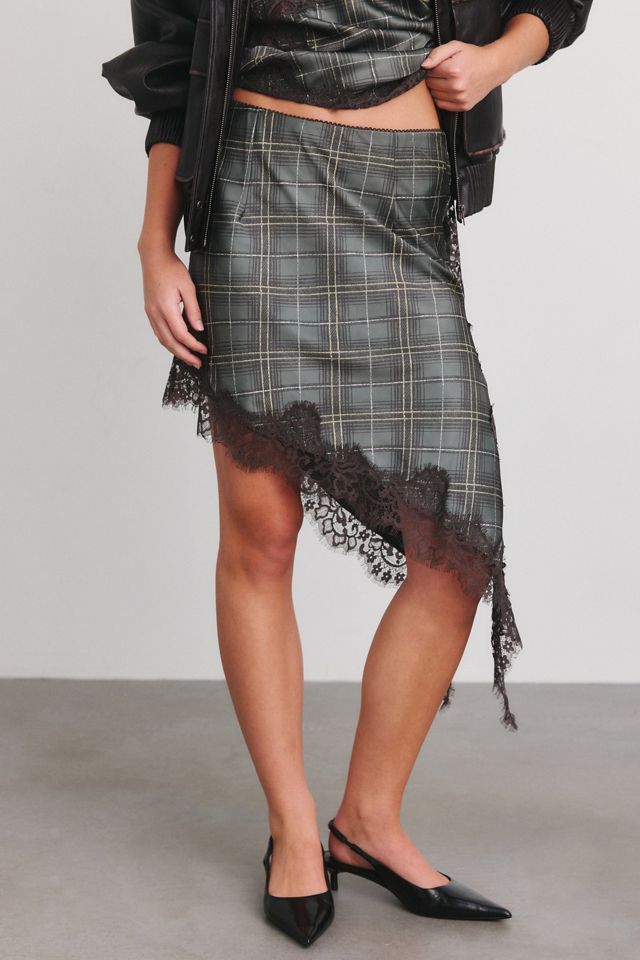 Another Girl Check It Asymmetric Lace Trim Satin Slip Midi Skirt #1