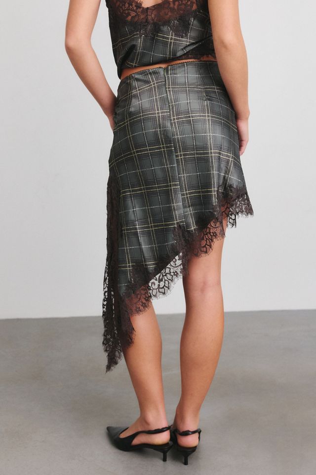Another Girl Check It Asymmetric Lace Trim Satin Slip Midi Skirt #3