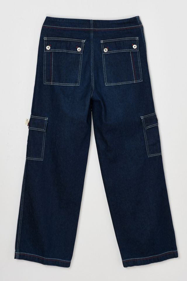 Vintage Y2k Dark Wash Contrast Stitched Cargo Rave Jeans #3