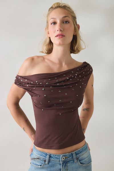 UO Fia Studded Off-The-Shoulder Crop Top