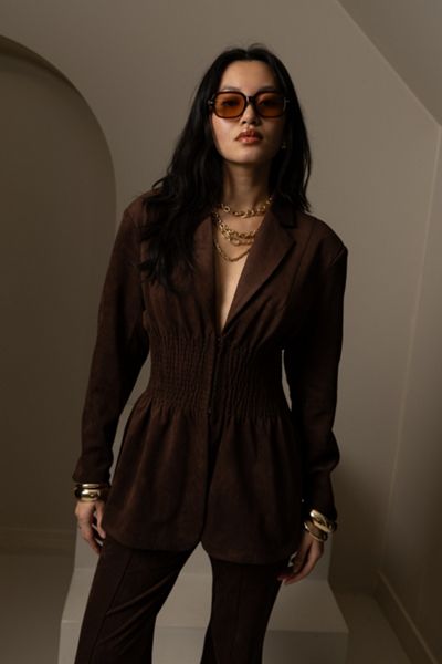 Amy Lynn Rina Faux Suede Boxy Blazer Jacket with Smocked Waist