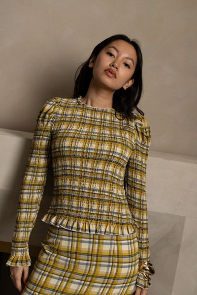 Amy Lynn Elsa Plaid Long Sleeve Smocked Top