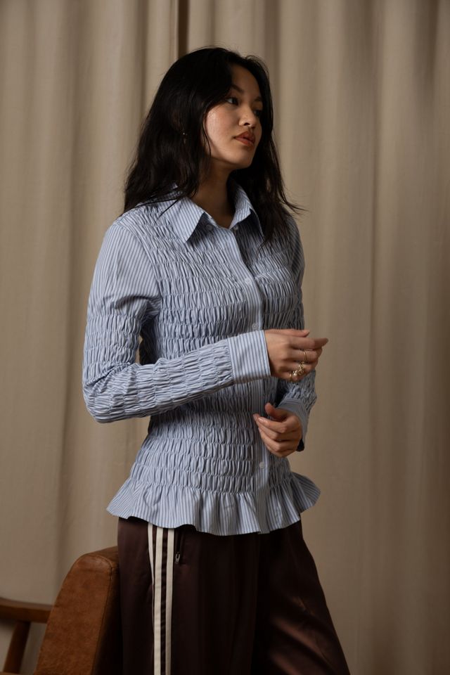 Amy Lynn Olivia Smocked Cotton Shirt in Blue Stripe #1