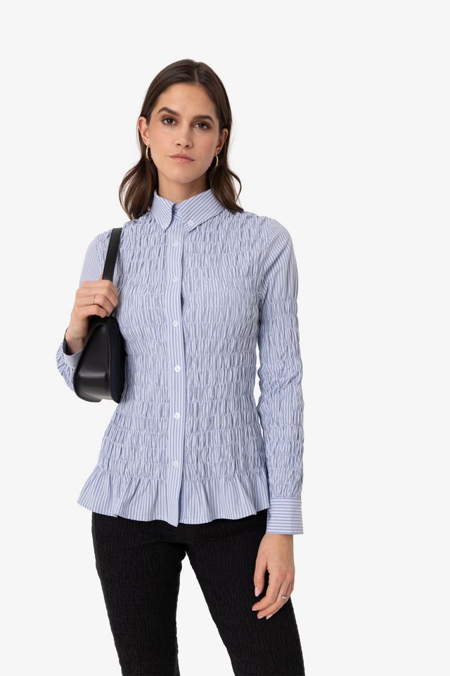 Amy Lynn Olivia Smocked Cotton Shirt in Blue Stripe #2