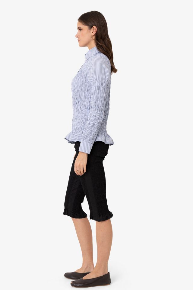 Amy Lynn Olivia Smocked Cotton Shirt in Blue Stripe #3