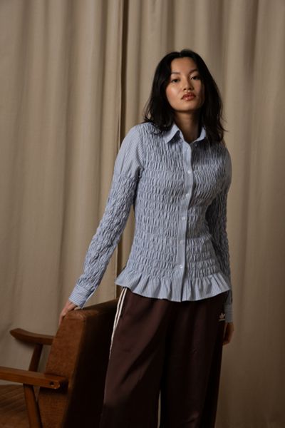 Amy Lynn Olivia Smocked Cotton Shirt in Blue Stripe