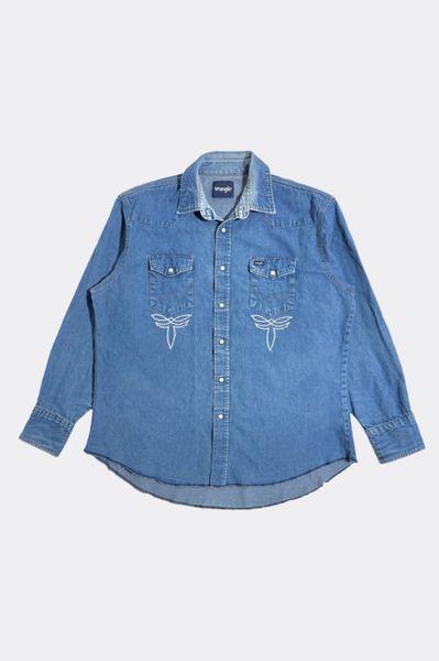Vintage 1990's Wrangler Chainstitched Faded Western Denim Shirt