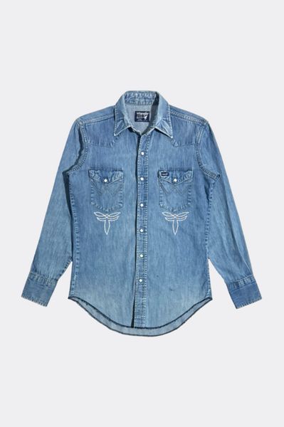Vintage 1990s Wrangler Chainstitch Faded Denim Pearl Snap Shirt