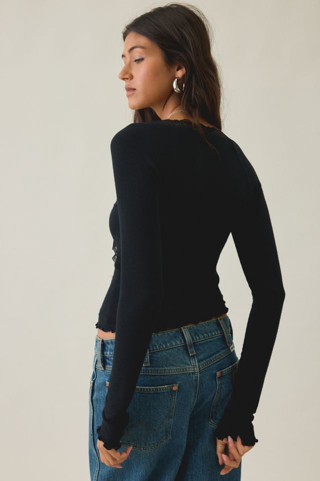 Out From Under Diana Plunging Lace Trim Long Sleeve Top #1