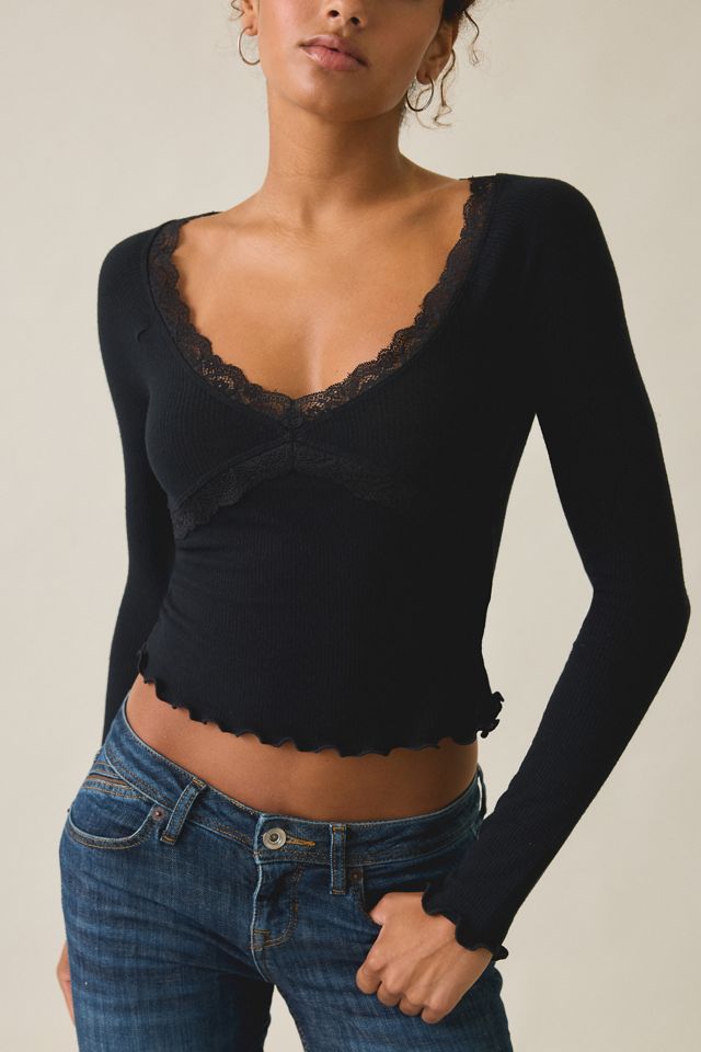 Out From Under Diana Plunging Lace Trim Long Sleeve Top #2