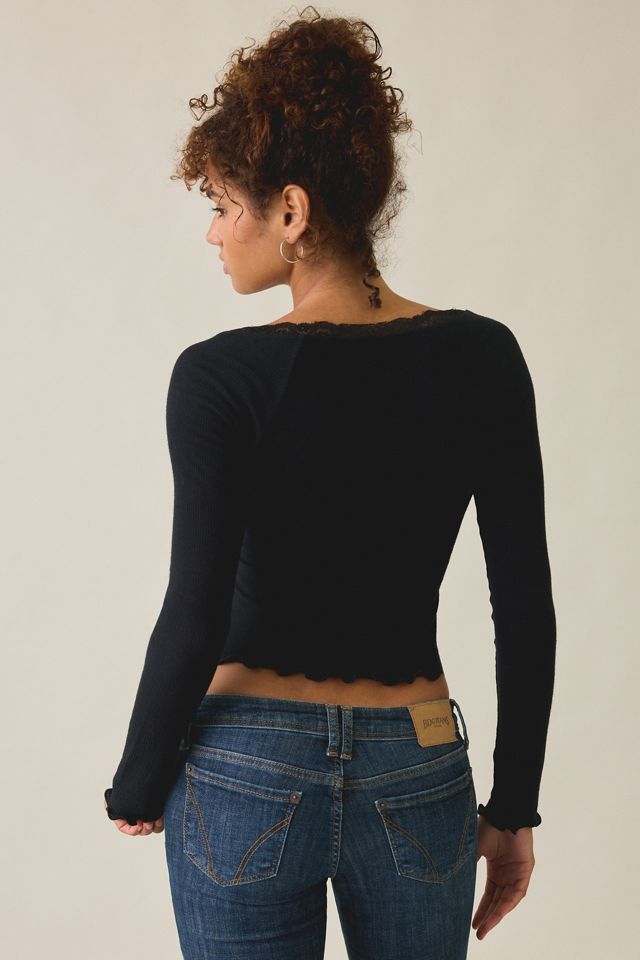 Out From Under Diana Plunging Lace Trim Long Sleeve Top #3