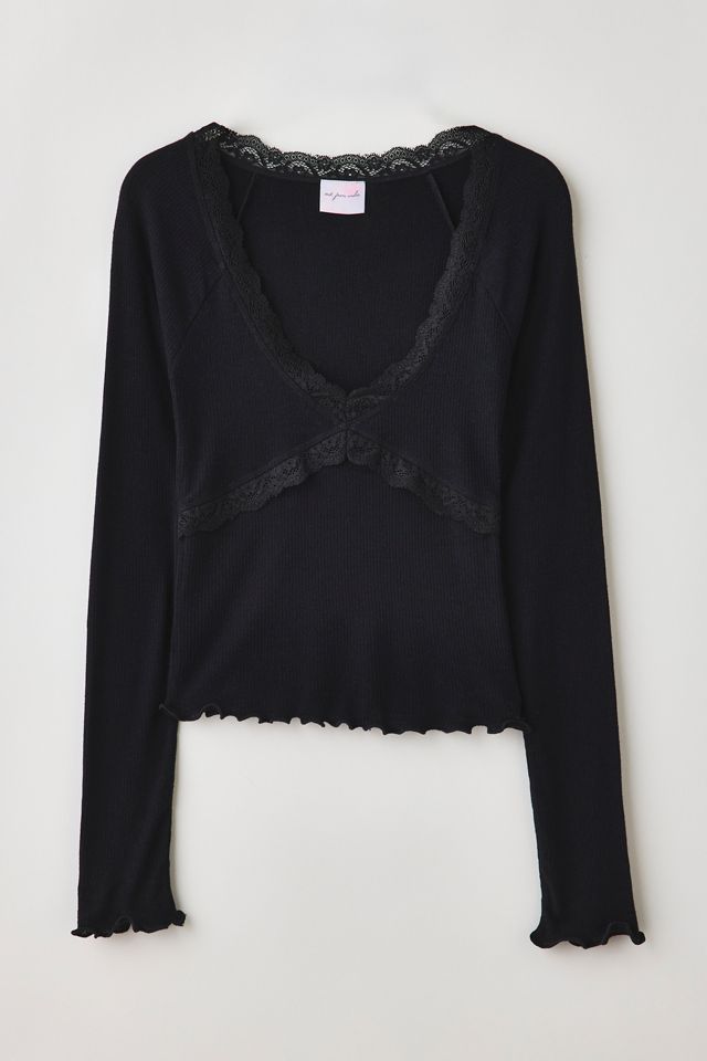 Out From Under Diana Plunging Lace Trim Long Sleeve Top #4