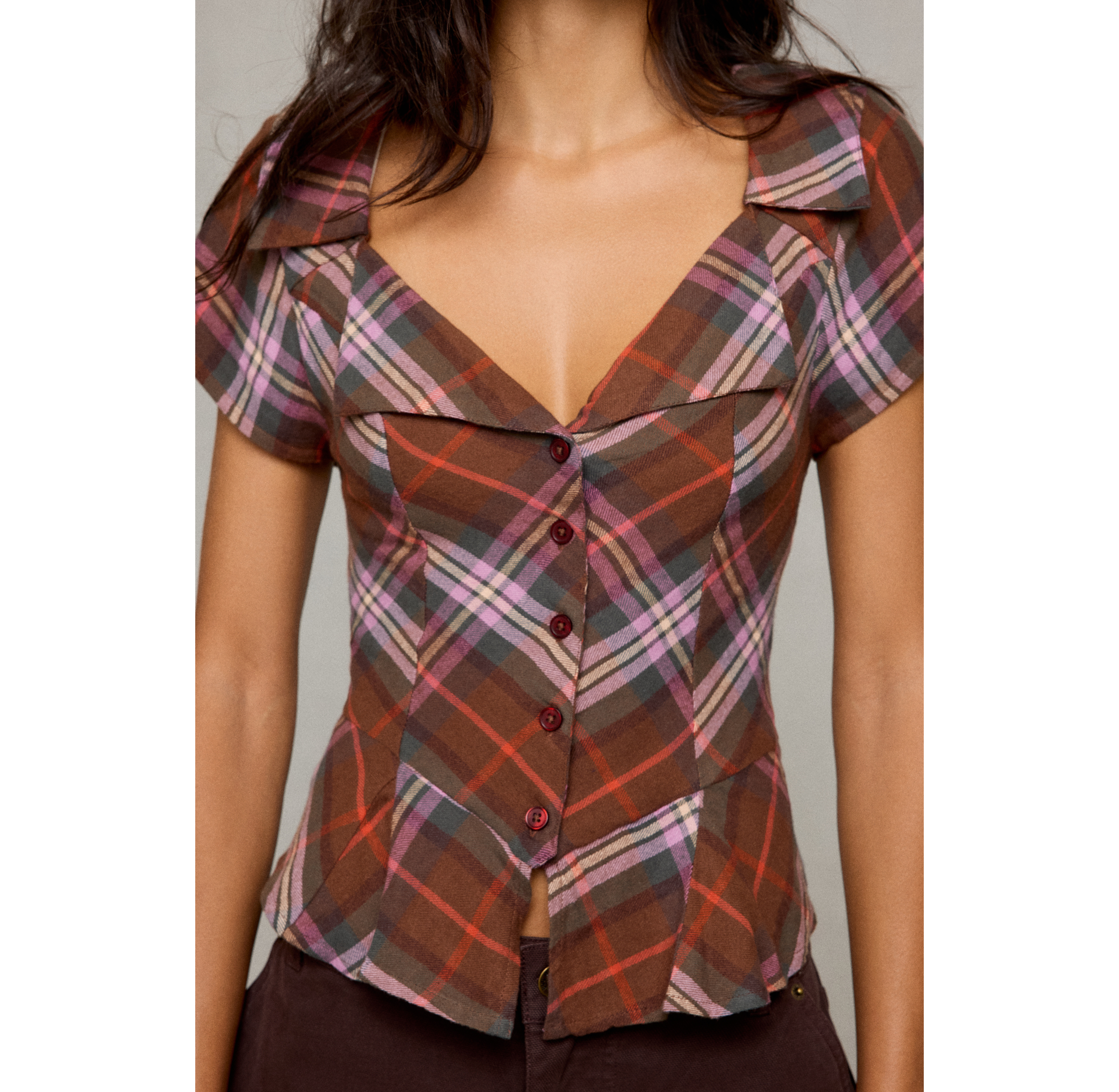 BDG Bianca Flannel Peplum Short Sleeve Button-Down Shirt