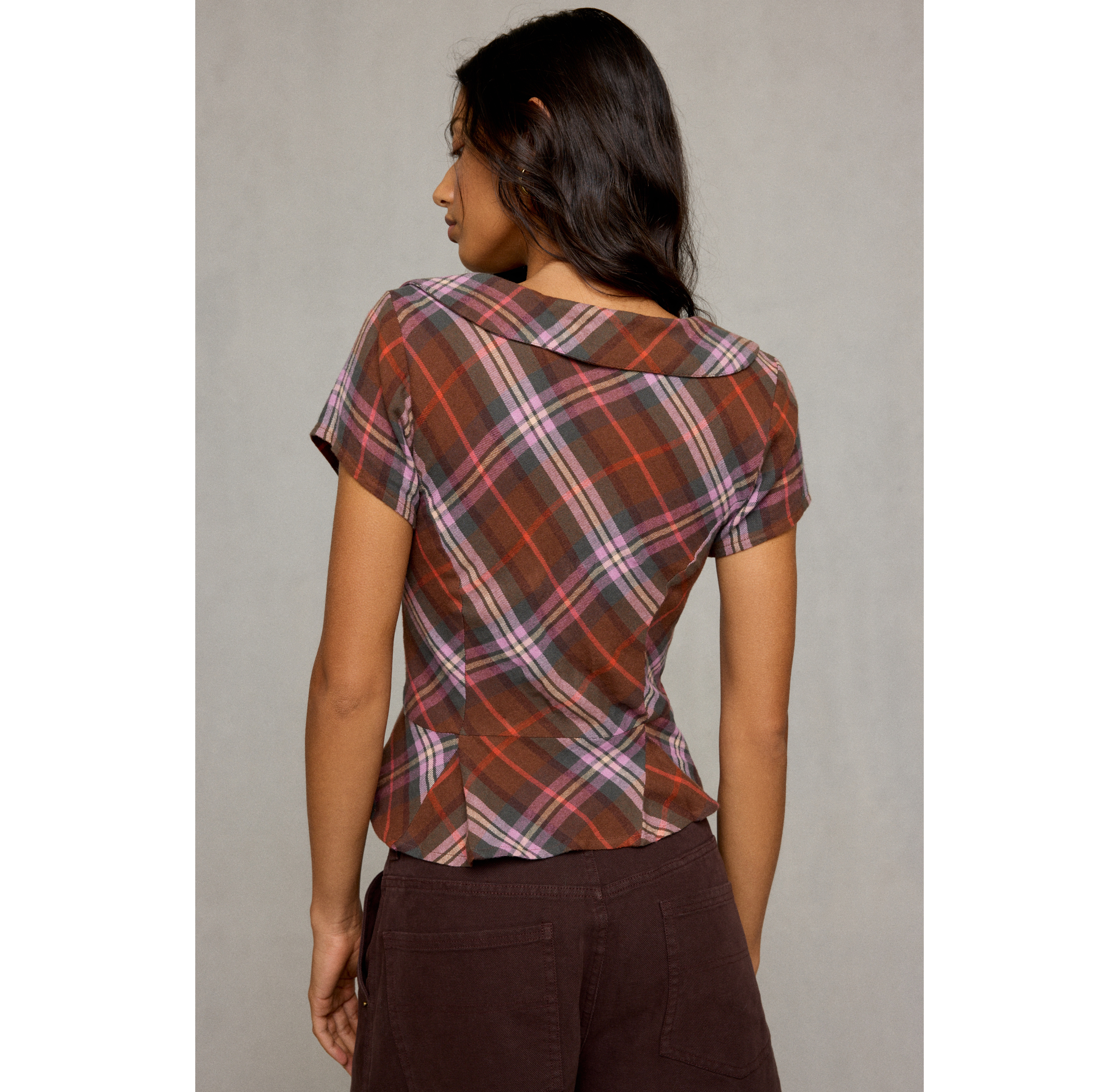 BDG Bianca Flannel Peplum Short Sleeve Button-Down Shirt